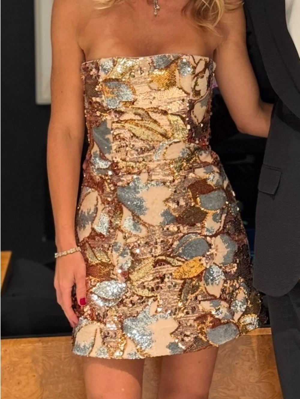 Helsi Strapless Sequin Floral Dress in Blush and Metallic